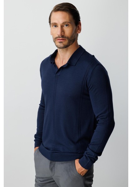 Lacivert Standart Fit Polo Yaka Düz Uzun Kollu Triko