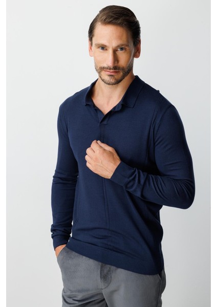 Lacivert Standart Fit Polo Yaka Düz Uzun Kollu Triko fiyatları
