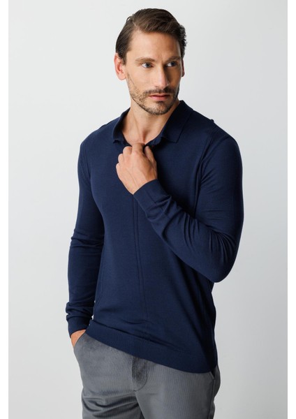 Lacivert Standart Fit Polo Yaka Düz Uzun Kollu Triko modelleri
