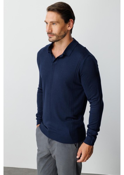 Lacivert Standart Fit Polo Yaka Düz Uzun Kollu Triko fırsatları