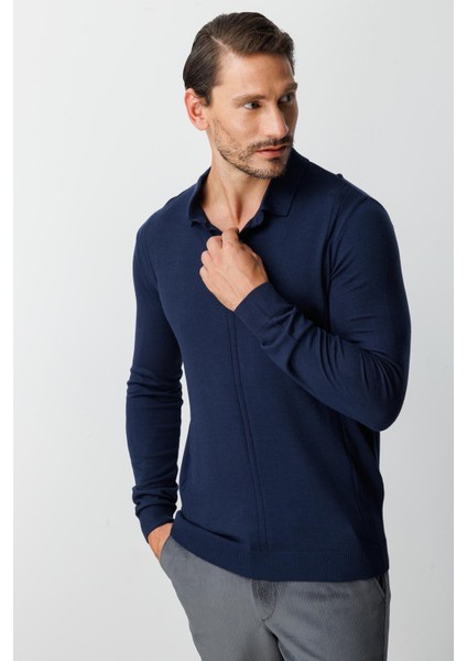 Lacivert Standart Fit Polo Yaka Düz Uzun Kollu Triko