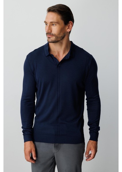 Lacivert Standart Fit Polo Yaka Düz Uzun Kollu Triko