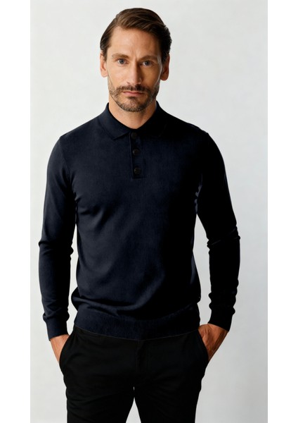 Lacivert Standart Fit Dar Kalıp Polo Yaka Düz Uzun Kollu Rayon Triko