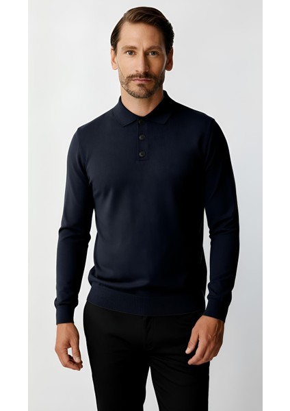 Lacivert Standart Fit Dar Kalıp Polo Yaka Düz Uzun Kollu Rayon Triko fiyatları