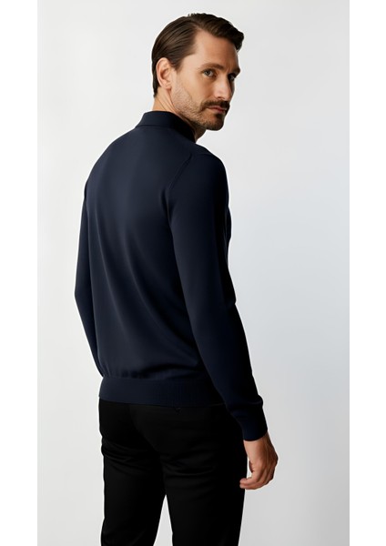 Lacivert Standart Fit Dar Kalıp Polo Yaka Düz Uzun Kollu Rayon Triko modelleri