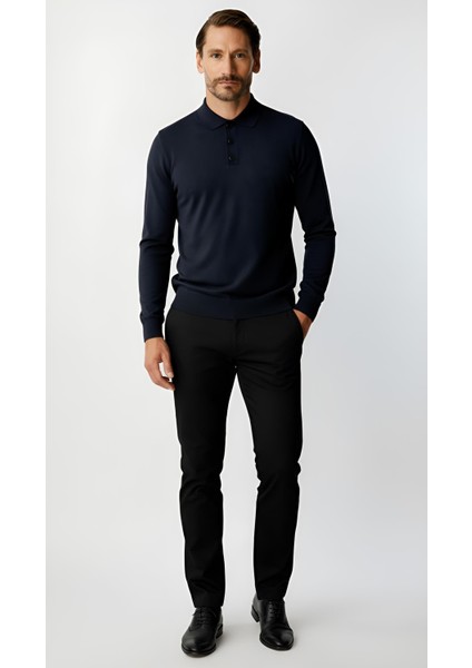 Lacivert Standart Fit Dar Kalıp Polo Yaka Düz Uzun Kollu Rayon Triko fırsatları