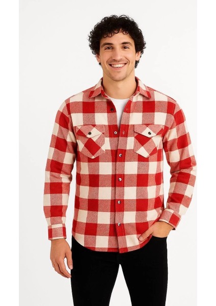 Erkek Oduncu Gömlek – Uzun Kollu, Şardonlu Kumaş, Kareli Desen, Regular Fit, Manşetli, Çift Cepli, Rahat Günlük Bahar & Kış Stil - Kırmızı