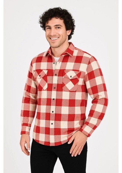 Erkek Oduncu Gömlek – Uzun Kollu, Şardonlu Kumaş, Kareli Desen, Regular Fit, Manşetli, Çift Cepli, Rahat Günlük Bahar & Kış Stil - Kırmızı modelleri