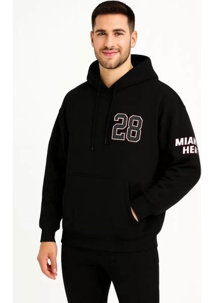 Erkek Kapşonlu Sweatshirt – Üç Iplik Şardonlu Kumaş, Oversize Fit, Ön & Arka Baskılı, Kanguru Cepli, Kışlık Rahat Hoodie - Siyah