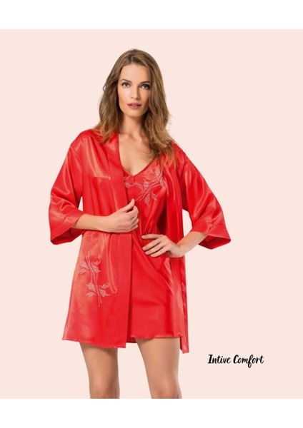 Intive Kadın Taş Detaylı Canlı Kırmızı Mini Gecelik Sabahlık Takım