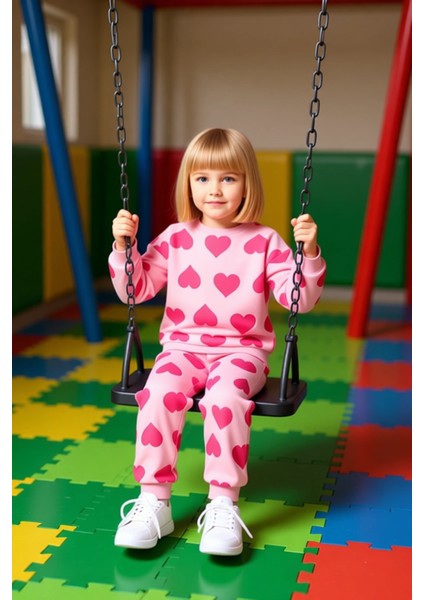 Kız Çocuk Kalp Baskılı Pamuklu Regular Fit Örme Takım Kaliteli Şık Rahat Günlük fiyatları