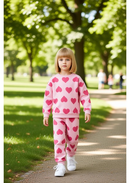 Kız Çocuk Kalp Baskılı Pamuklu Regular Fit Örme Takım Kaliteli Şık Rahat Günlük fırsatları