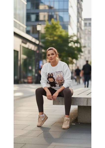 Kadın Soft Touch Ayıcık Desenli %100 Pamuk Sweatshirt - Casual Fit- Krem/pembe