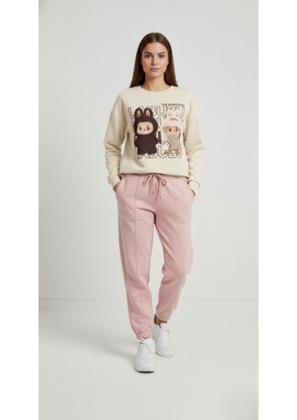 Kadın Soft Touch Ayıcık Desenli %100 Pamuk Sweatshirt - Casual Fit- Krem/pembe modelleri