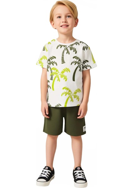 Erkek Çocuk Pamuklu Bisiklet Yaka Baskılı T Shirt ve Şort Seti Kaliteli Şık Rahat