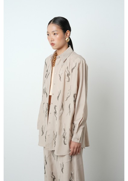 Kadın Önü Taş Işlemeli Düz Renk Oversize Gömlek fiyatları