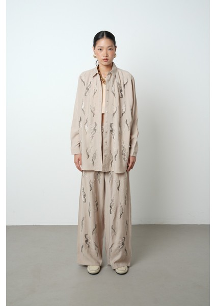 Kadın Önü Taş Işlemeli Düz Renk Oversize Gömlek fırsatları