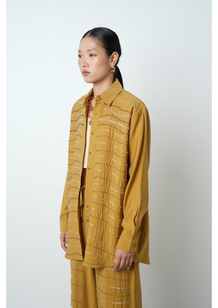 Kadın Yatay Şerit Taş Işlemeli Düz Renk Oversize Gömlek modelleri