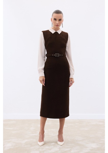 Kemerli Tüvit Elbise - Ekru