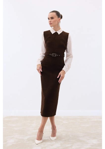 Kemerli Tüvit Elbise - Ekru fiyatları