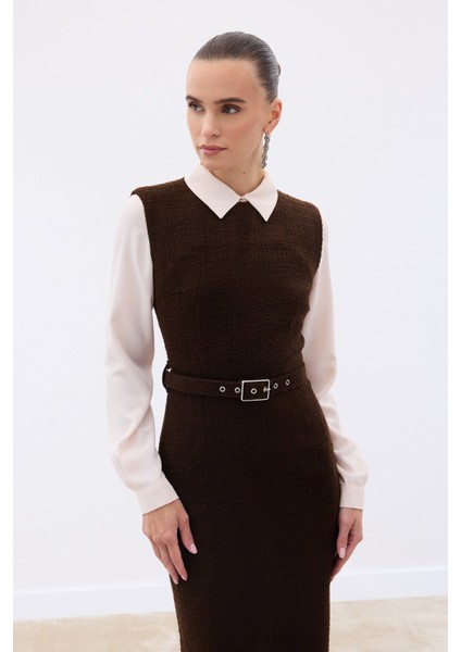 Kemerli Tüvit Elbise - Ekru modelleri