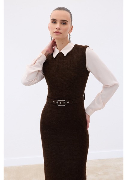 Kemerli Tüvit Elbise - Ekru fırsatları