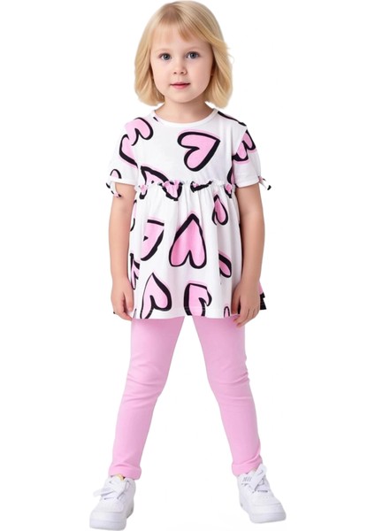 Kız Çocuk Kalp Baskılı Pamuklu Örme Üst ve Esnek Tayt Ikili Set Kaliteli Şık Rahat