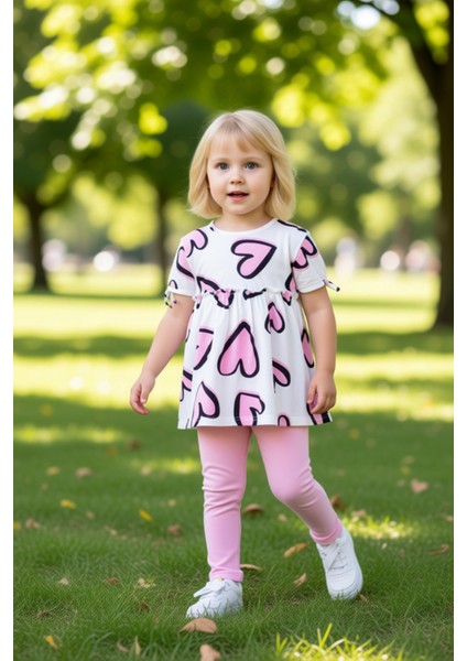 Kız Çocuk Kalp Baskılı Pamuklu Örme Üst ve Esnek Tayt Ikili Set Kaliteli Şık Rahat fırsatları