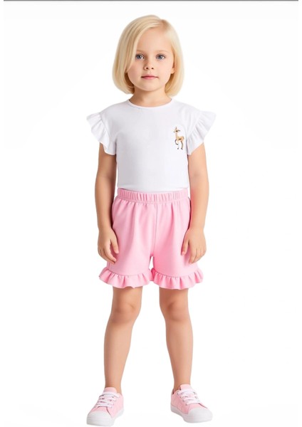 Kız Çocuk Pamuklu Nakışlı Üst ve Fırfırlı Şort Ikili Takım Kaliteli Şık Rahat