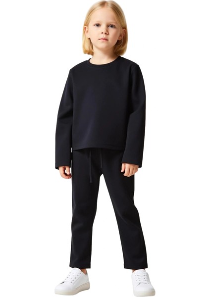 Kız Çocuk Düz Desenli Bisiklet Yaka Uzun Kollu Üst ve Esnek Tayt Kombinasyonu Kaliteli Şık