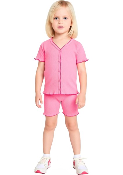 Kız Çocuk V Yaka Düz Örme Kısa Kollu Üst ve Şort Takımı Kaliteli Şık Rahat Günlük