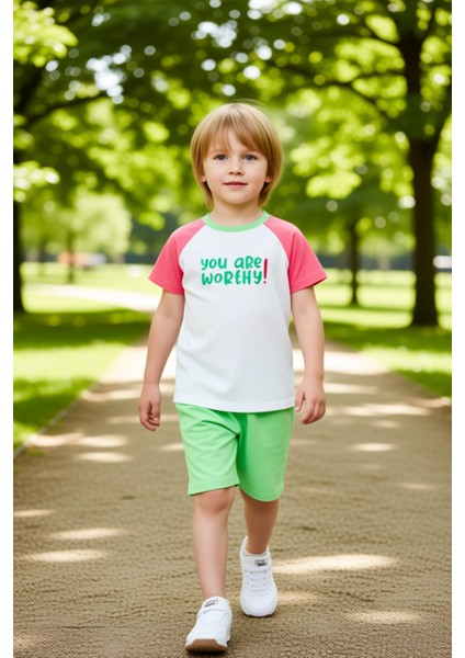 Erkek Çocuk %100 Pamuk Sloganlı Kısa Kollu Örme Takım Kaliteli Şık Rahat Günlük fırsatları