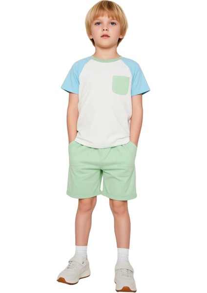 Erkek Çocuk Pamuklu Raglan Kol Tişört ve Şort Iki Parça Set Kaliteli Şık Rahat