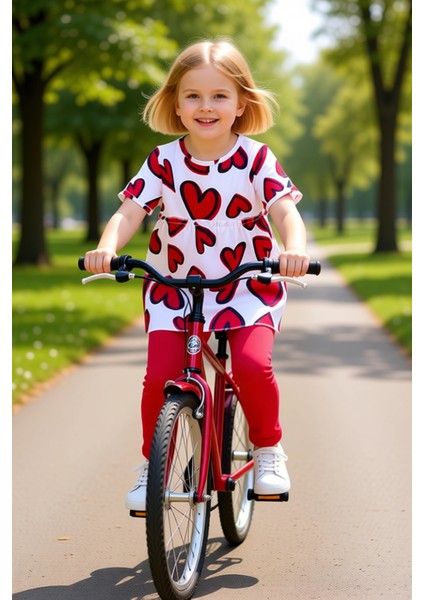 Kız Çocuk Kalp Baskılı Pamuklu Örme Üst ve Esnek Tayt Ikili Set Kaliteli Şık Rahat modelleri