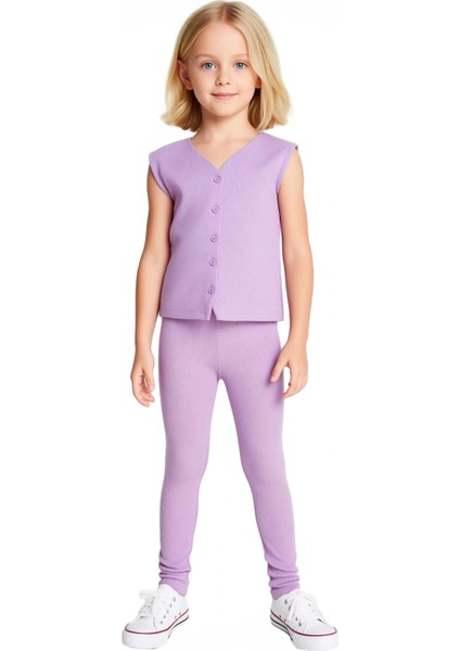 Kız Çocuk V Yaka Düğmeli Fitilli Yelek ve Esnek Tayt Seti Kaliteli Şık Rahat Günlük
