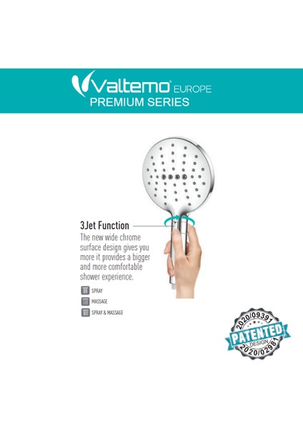 | Valtemo Büyük Boy Krom El Duşu - Jet Fonksiyonlu - Patentli Buton Sistemi