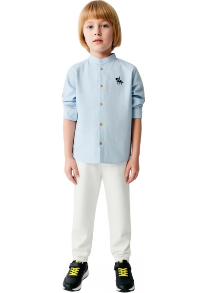 Erkek Çocuk Hakim Yaka Nakışlı Gömlek ve Beli Lastikli Pantolon Seti Kaliteli Şık Rahat