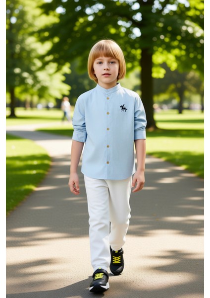 Erkek Çocuk Hakim Yaka Nakışlı Gömlek ve Beli Lastikli Pantolon Seti Kaliteli Şık Rahat fırsatları