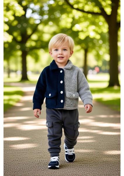 Erkek Çocuk Çift Tonlu Peluş Üst ve Eşofman Altı Seti Kaliteli Şık Rahat Günlük fırsatları