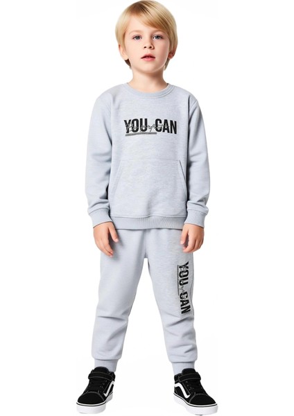 Enerjik Sloganlı Erkek Çocuk Örme Eşofman ve Sweatshirt Seti Kaliteli Şık Rahat