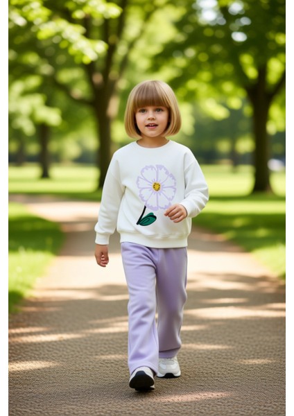 Çiçek Detaylı Kız Çocuk Örme Iki Parça Spor Giyim Seti Kaliteli Şık Rahat Günlük fırsatları