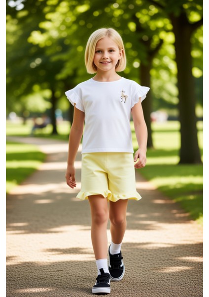 Kız Çocuk Pamuklu Nakışlı Üst ve Fırfırlı Şort Ikili Takım Kaliteli Şık Rahat fırsatları