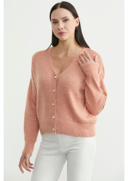 Pamuklu Yumoş Triko Hırka - Pudra indirimleri