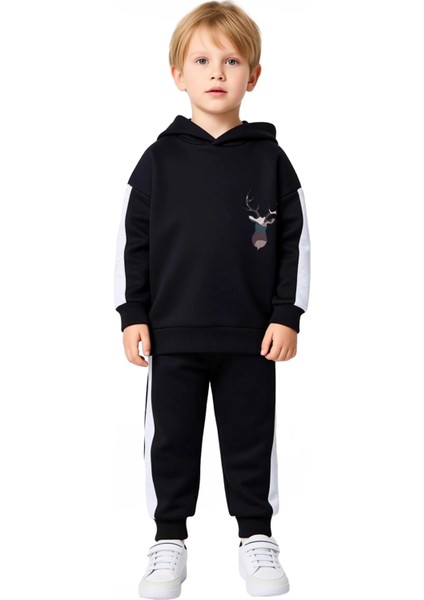 Çocuk Erkek Kapüşonlu Hayvan Baskılı Oversize Örme Giyim Seti Kaliteli Şık Rahat