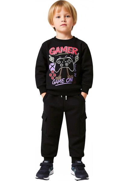 Genç Erkek Oyuncu Grafikli Bisiklet Yaka Sweatshirt ve Kargo Cepli Pantolon Seti Kaliteli Şık