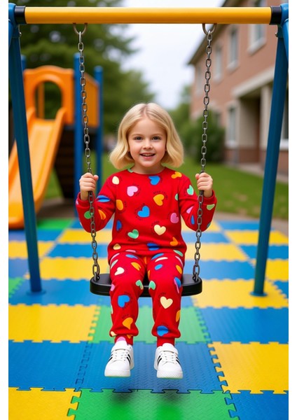 Kız Çocuk Pamuk Polyester Örme Kalp Baskılı Pijama Takımı Kaliteli Şık Rahat Günlük fiyatları