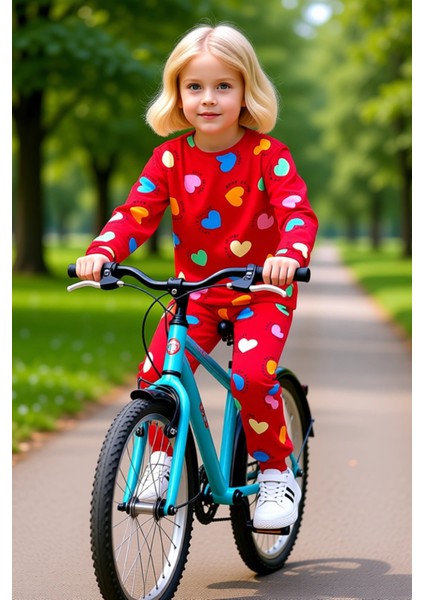 Kız Çocuk Pamuk Polyester Örme Kalp Baskılı Pijama Takımı Kaliteli Şık Rahat Günlük modelleri