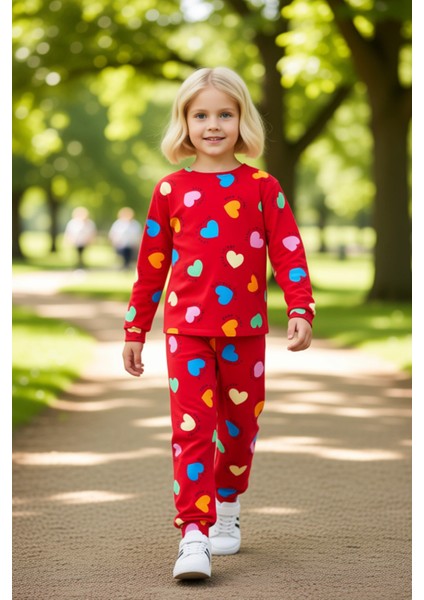 Kız Çocuk Pamuk Polyester Örme Kalp Baskılı Pijama Takımı Kaliteli Şık Rahat Günlük fırsatları