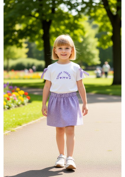 Kız Çocuk Bisiklet Yaka Kısa Kollu Üst ve Pötikare Etek Seti Kaliteli Şık Rahat fırsatları