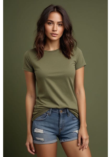 Bisiklet Yaka Basic Haki Tişört